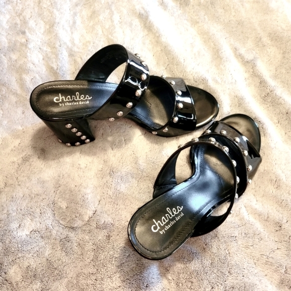 Charles by Charles David Roaring Silver-Studded Black Patent Chunky Heels US 9.5 - Picture 4 of 6